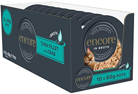 Encore 100% Natural Adult Wet Cat Food Pot, Succulent Tuna with Pacific Crab in Broth 60 g Pot (Pack of 10)