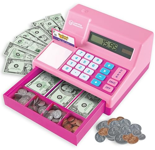 Learning Resources Pretend and Play Calculator Cash Register Pink - Money for Kids, Math Games, Playstore Grocery Store, Fine Motor Skills, Preschool Activities, Toddler Plastic Coins