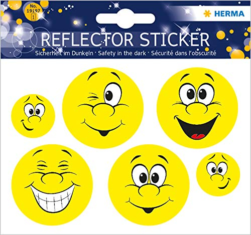 HERMA 19197 Reflektor Aufkleber Emojis Smileys Gesichter gelb, 6 Stück, selbstklebend Kinder Reflektor Sticker für Fahrrad Helm Schulranzen Koffer Kinderzimmer, Motiv Leuchtaufkleber Leuchtsticker Set