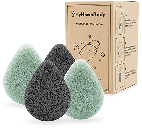 myHomeBody Natural Konjac Facial Sponges – Teardrop Shape - for Gentle Face Cleansing and Exfoliation - with Activated Charcoal and Aloe Vera, Set of 4