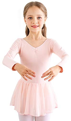 Bezioner Kinder Ballettkleidung Mädchen Ballettkleid Langarm Balletttrikot Ballettanzug Tanzkleid Tanzbody aus Baumwolle mit Chiffon Rock Tütü Rosa 120