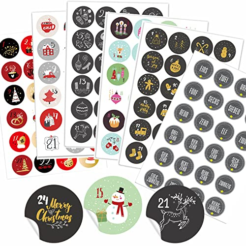 6 x 24 verschiedene Adventskalender Zahlen Aufkleben - 24 Sticker Nummern Aufkleber für Weihnachten zum Selber Basteln und Dekorieren, Runde Weihnachtskalender Zahlenaufkleber 40 mm