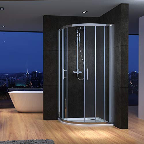 IMPTS Duschkabine 90 x 90 x 195cm mit Duschtasse & Ablauf,Viertelkreis-Dusche Eckdusche 6mm NANO Glas ESG Runddusche Duschtasse Satiniert Schiebetür