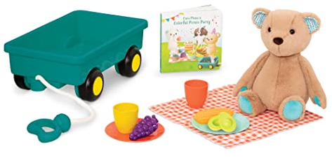 B. toys Picknick Set mit Bollerwagen, Teddybär, Spielzeug Essen, Geschirr, Bilderbuch, Picknick Decke – Kinderküche Zubehör für Kinder ab 18 Monate