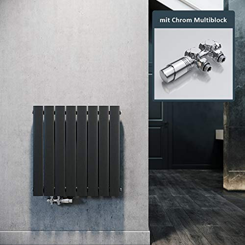 ELEGANT Design Heizkörper Horizontal mit Chrom Multiblock 630x616mm Einlagig Anthrazit Badezimmer/Wohnraum Paneelheizkörper Mittelanschluss Flachheizkörper