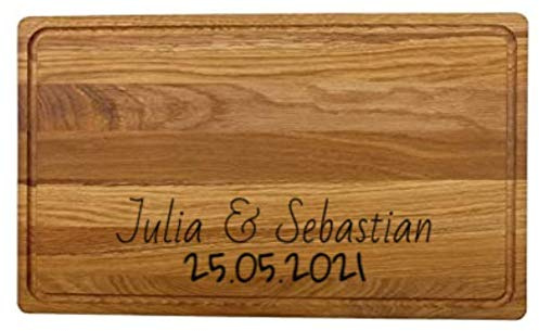 Schneidebrett XXL mit Saftrille aus Eiche Massiv, längs verleimt, Personalisiert mit Ihrem graviertem Wunschtext 50 x 30 x 2 cm