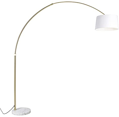 Qazqa - Modern Bogenleuchte I Bogenlampe I Lampe I Leuchte Messing mit weißem Stoffschirm 50 cm - XXL I Wohnzimmer I Schlafzimmer - Stahl Länglich - LED geeignet E27