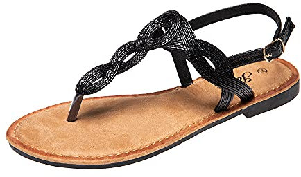 JOMIX Sandales Femme Sandales Plates Femme avec Tressées en Cuir, Boucle Réglable, Semelle Antidérapante, Idéales Pour L'Été Voyage Piscine Plage, B Noir, 39 EU
