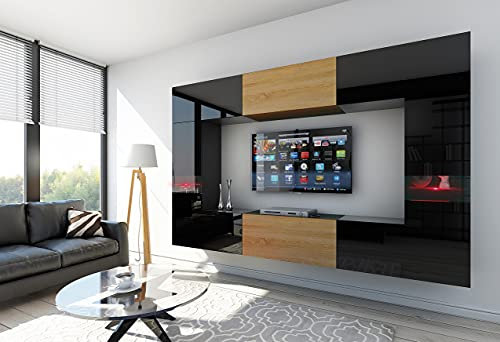 Furnitech Wohnwand Wohnzimmer - Wohnzimmer Möbel mit LED RGB - 16 Farben - Hängend Wohnwand Modern - Wohnzimmer Schrankwand mit Regale und TV Schrank (Future C29-HGM-BD-48 1B)