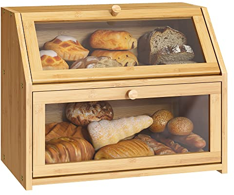 Farmhouse Bread Box for Kitchen Countertop Bread box Double Layer Bamboo Wooden Extra Large Capacity Bin Kitchen Food Storage Container(Natural)