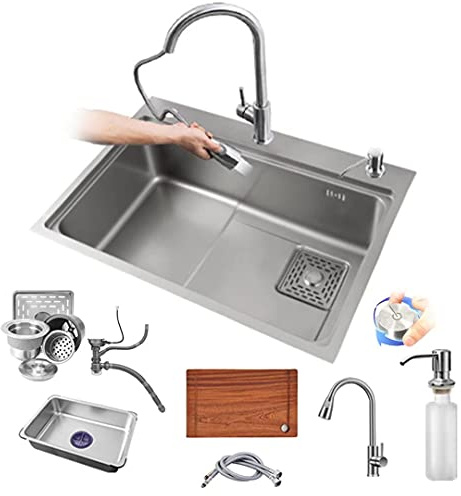 Fregadero Cocina 1 Seno Y Escurridor Redondo, Fregadero De Cocina Acero Inoxidable Fregadero Empotrado Grande Con 1 Agujero Desagüe Derecha Y Tubo Rebosadero Sobre Encimera, Bajo Encimera O Enrasado