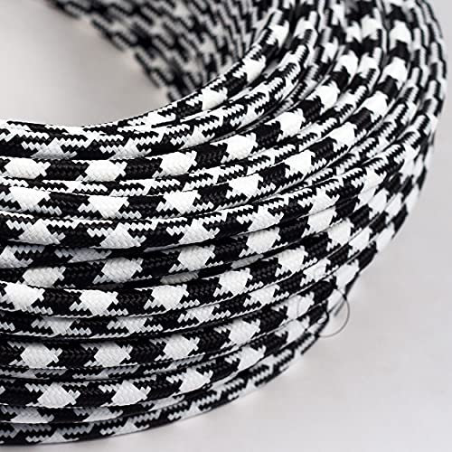 Amarcords - Textilkabel für Lampen WEISS-SCHWARZES EISEN, rund, Seide, 1 Meter, mit Erdung 3x0,75 - Stoffkabel mit farbigem vintage Stoff überzogen für Kronleuchter, Wandlampen und Lampenschirme
