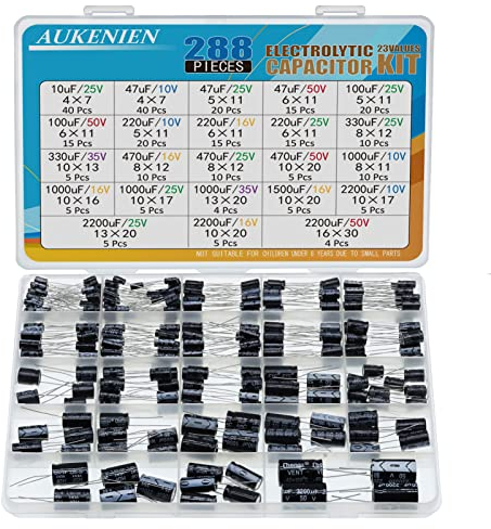 AUKENIEN 23 Wert 288 Stück Elkos Kondensator Sortiment Elektrolytkondensator Set von 10uF bis 2200uF 10V 16V 25V 35V 50V Elko Kondensatoren Aluminium Capacitor Kit