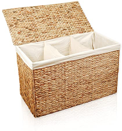 animal-design Panier à linge en jacinthe d'eau - 150 l - Avec couvercle et insert en tissu lavable - 3 compartiments à linge - Panier à linge - Panier à linge Naturel