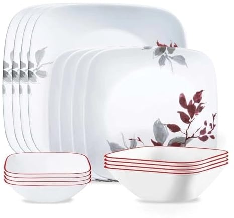 Corelle Kyoto Leaves 16-teilig, Service für 4, Geschirr-Set, 8 Teller, Schüsseln, splitter- und bruchfest, Abendessen und Corelleware, Weiß