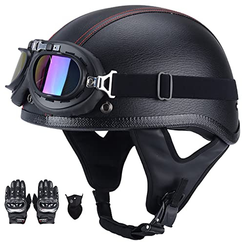 Retro Motorrad Halbhelme Sicherheitshelm für Adults Unisex mit Schutzbrille Erwachsene Halbschale Leder Jet-Helm ECE Zertifizierter für Moped Biker Cruise (57~62CM)