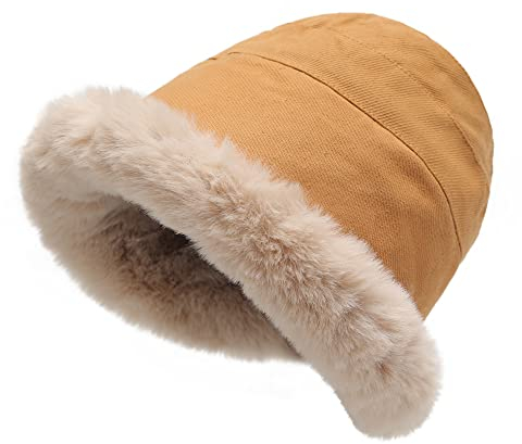 ZLYC Damen Winter Fischerhüte Hut Kunstpelz Cloche Hut mit Fleece Futter(Einfarbig Gelb)