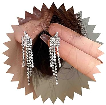 TseenYi Lange Strass Ohrringe Ohrstecker Silber Kronleuchter Lange Ohrringe Funkelnde Kristall Lange Fransen Ohrringe Braut Kronleuchter Quaste Ohrringe Schmuck Für Frauen Und Mädchen