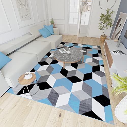 Mazovia Modern Teppich - Kurzflor - Teppich für Wohnzimmer, Schlafzimmer, Esszimmer - ÖKO-TEX Wohnzimmerteppich, Robust und pflegeleicht, Niedrige Florhöhe - Grau Blau 250 x 350 cm