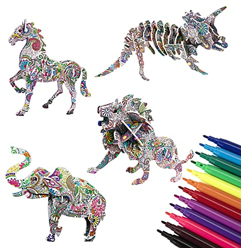 Wisplye 3D Puzzle Färbung Bastelset Spielzeuge, 4 Stück Bemalen von Puzzle Spielzeug, Kinder DIY 3D Puzzles Kunsthandwerk mit 12 Buntstiften Geschenk für 5 6 7 8 9 10 Jahre alte Mädchen Jungen