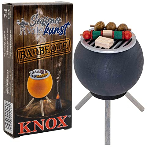 Seiffener Volkskunst | Räucherofen Grillofen | Räucherfigur 10 cm | Grill + Räucherkerzen BBQ | Räuchergrill Veggie | anthrazit + Knox