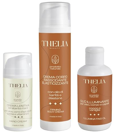 Thelia Beauty | Kit Corpo con Crema Corpo Rassodante Elasticizzante, Crema Mani Lenitiva Idratante e Olio illuminante per Viso, Corpo e Capelli, Senza Parabeni, Prodotto Naturale, Made in Italy
