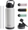 Exllena Edelstahl Trinkflasche, 1L Isolierte Wasserflasche mit Strohhalm, Thermosflasche mit 2 Deckeln für Sport, Fitness, Outdoor und Freizeit, Auslaufsicher und BPA Frei (Beige)