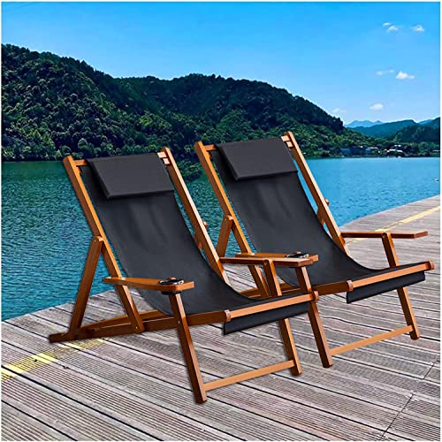 BTZHY Relaxsessel Sessel,Klappbarer Strandstuhl aus massivem Holz, 2er-Set, schwarzer Oxford-Leinen-Liegestuhl für die Mittagspause, Klappstuhl für den Außenbereich, Liegestuhl für den Garten