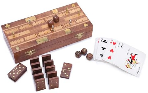 Ajuny Cribbage, Domino e Dadi in Legno - 28 Domino, 5 dadi di legno e 6 mollette in metallo e carte da gioco con scatola per regali di viaggio unici per bambini e adulti