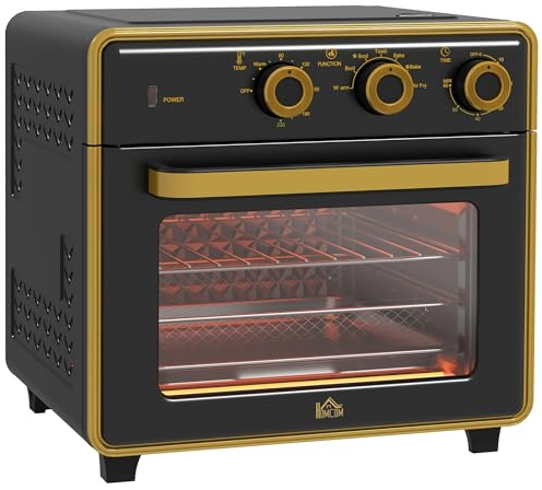 HOMCOM Mini horno 20L, 5 en 1 horno para pizzas incl. juego de bandejas, cesta para freír, bandeja recogemigas, temporizador de 1 hora, 90-230℃, 1400 W Mini horno eléctrico con convección, negro