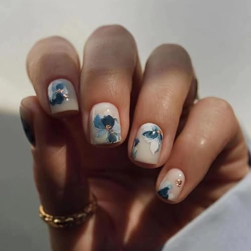 Angwis 24pcs Short Square False Nails Blue Flower Stick on Nails Gold Foil Press on Nails Removable Glue-on Nails Full Cover Fake Nails Women Brides Nail Art Accessories