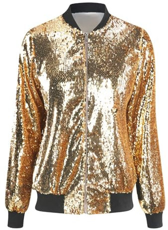 Dolce Fashions® Women’s Sequin Glitter Bomber Jackets Ladies Outerwear Long Sleeves Metallic Sparkly Club Dance Party Costume Biker Blazer Tops (Gold, S-M)