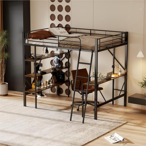 Cenbunsh Cadre de lit Mezzanine Stable en métal 90 x 200 cm avec Bureau et étagères Noir