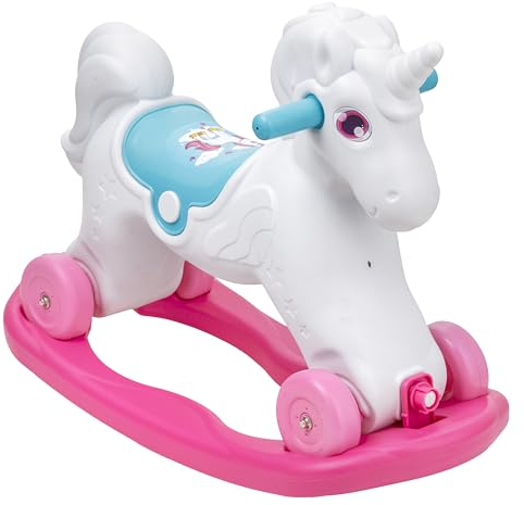 Baroni Toys 2-in-1-Schaukelpferd, abnehmbare Schaukelbasis, Pferd zum Reiten und mit Rollen, 2-5 Jahre, 70x49x30 cm (Rosa Einhorn)