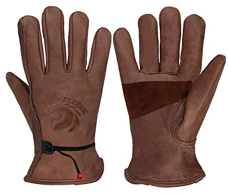 OLSON DEEPAK Arbeitshandschuhe leder für Bau, Hof, Gartenarbeit, Arbeitshandschuhe aus Leder für Damen und Herren (Braun-01, L)