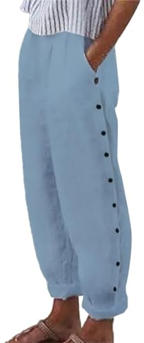 Stoffhose Damen Elegant,Leinenhose Damen Sommer,Leinen Capris für Frauen Elastische Taille Kordelzug Capri-Hosen mit Taschen Solid Side Button Casual Sommer Cropped Pants,blau,XL