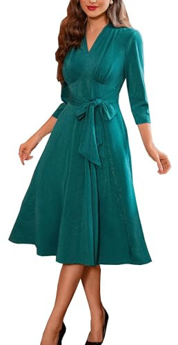 Belle Poque 1950s Dresses for Women V Neck Elegant Waist Tie A Line Cocktail Formal Dress Turquoise Blue M