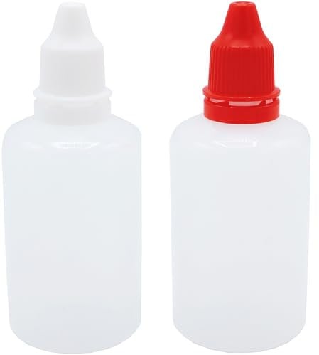 XIWENQUKU 2Pcs 50ml/1.7oz Plastic Dropper Bottles, Empty Squeezable Portable Travel Eye Liquid Dropper Mini Small Refillable Containers with Cap and Plug, White/Red