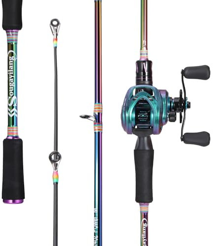 Sougayilang Baitcasting Angel Combo, 2-teilig, Bunte leichte tragbare Angelrute mit superglattem Baitcast-Angelrolle für Süß- und Salzwasser-1.8-R