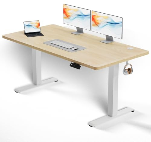 Flamaker Höhenverstellbarer Schreibtisch Ganze Tischplatte 140 x 60 cm Elektrischer Schreibtisch Höhenverstellbar für Steh-Sitz, Computertisch mit Memory-Funktion,Standing Desk,Beige
