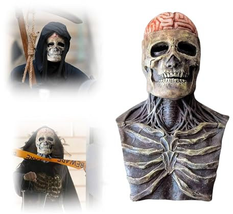 Ayizhiniu Masque de Crâne d’Halloween, Masque Skeleton Full Head Effrayant, Masque Squelette Biochimique avec Mâchoire Mobile, Casque Squelette 3D Latex Naturel Approprié d'Halloween