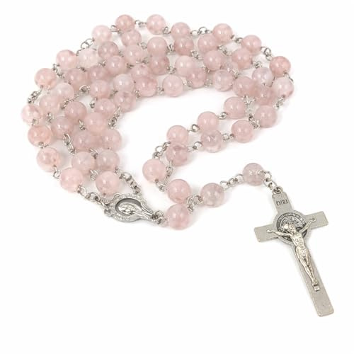 JRose Collections Gemstone Rosary Beads Necklace with Cross Pendant and Velvet Gift Bag - Available in Amethyst, 7 Chakra, Rose Quartz, Tiger Eye, Black Obsidian, Hematite