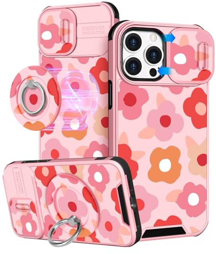 VincitoreModa for iPhone 14 Pro Case Women - [2in1] Cute Girls Floral Flower Compatible with MagSafe Ring Stand Girly Slide Camera Cover Pretty Design for Apple for iPhone 14 Pro Phone Case 6.1