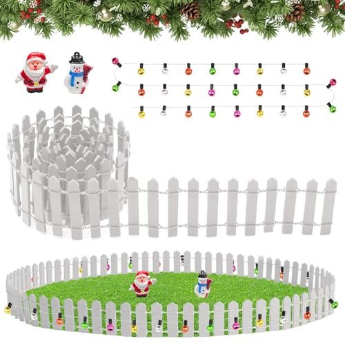 Miniatur Zaun Gartenzaun Holz, Miniatur Wichtel Zubehör, 90 x 5 cm Weiß Gartenzaun Holz mit 100 cm Deko Lichterkette, Wichtel zubehör Weihnachten, Puppenhaus Zubehör, Wichtel Zubehör Weihnachten