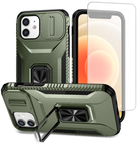 Vavies Coque pour iPhone 12/pour iPhone 12 Pro avec Protection d'écran en Verre trempé, Cache Caméra Coulissant et Anneau Magnétique pour Support Voiture Étui pour iPhone 12 Vert