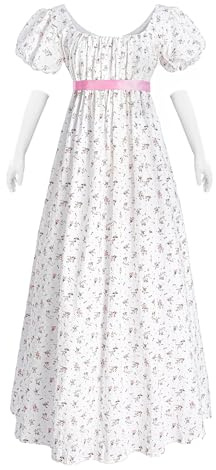 NSPSTT Women Regency Dresses Puff Sleeves Empire Waist Victorian Dresses Tea Party Gown Vintage Dress Empire Waist Dress Victorian Abendkleid with Gloves