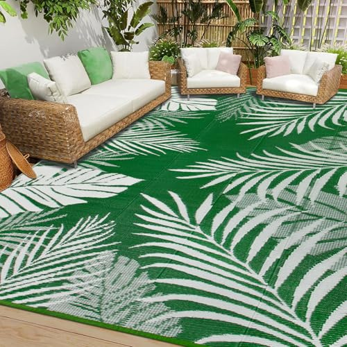 Cekene Outdoor Teppich Wetterfest Grün 270x365cm Outdoorteppich Camping Wasserfest UV-Beständig Terrasse Teppich Plastik Leichtgewicht Picknickdecke für Draußen Balkon Garten