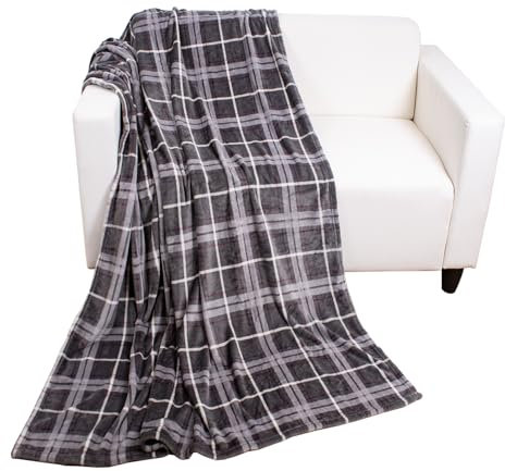 Plaid en flanelle - Motif à carreaux - Gris - 150 x 200 cm - Noir