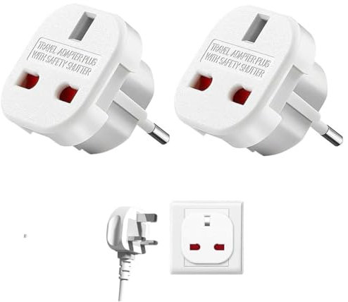 TECHZOCO Adaptador Enchufe UK a Europeo, Adaptador de Enchufe De UK a Enchufe Europeo, Adaptador Enchufe Viaje Reino Unido, Adaptador Tipo G, Adaptador Universal Viaje, 220-240 V, 2 Unidades, Blanco
