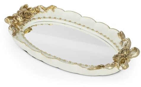 GUOER Vintage Antique Decorative Tray Bathroom Tray Vanity Tray Decor Gold Tray Mirror Tray for Dessert Table Coffee Table Vanity Home Decor Serving Tray with Handle(Rose, White & Golden)